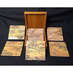 Vintage Chinese Landscape Art Coaster Set of 6 with Wooden Storage Box Scenic